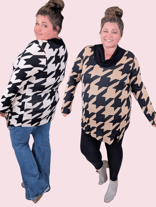 Charmaine Houndstooth Cowlneck Long Sleeve Top (2 Colors)-2- Long Sleeve Tops-BE STAGE-Styled by Stacked - A Plus Size Women's Boutique in Lakeville, MN