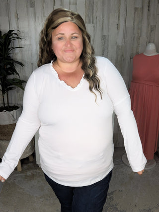 Cherlyn Lettuce Hem Ribbed Long Sleeve Top (4 COLORS)-2- Long Sleeve Tops-WHITE BIRCH-Styled by Stacked - A Plus Size Women's Boutique in Lakeville, MN