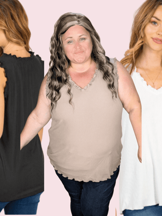 Cheryl Lettuce Ruffle Vneck Tank (3 Colors)-1- ShortSlv/Slvless Tops-WHITE BIRCH-Styled by Stacked - A Plus Size Women's Boutique in Lakeville, MN