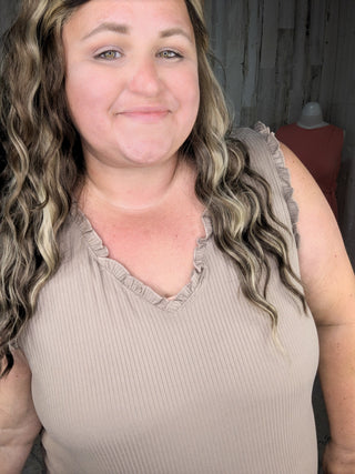 Cheryl Lettuce Ruffle Vneck Tank (3 Colors)-1- ShortSlv/Slvless Tops-WHITE BIRCH-Styled by Stacked - A Plus Size Women's Boutique in Lakeville, MN