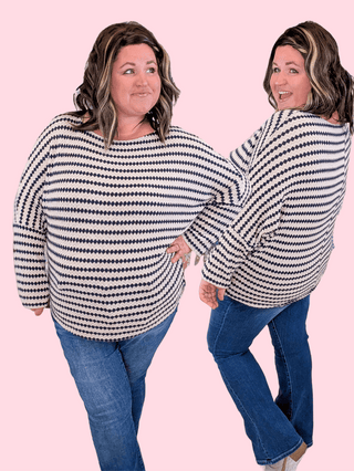2- Long Sleeve Tops Cindee Boatneck Knit Top in Taupe + Navy Diamond Print plus size clothing
