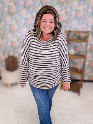 2- Long Sleeve Tops Cindee Boatneck Knit Top in Taupe + Navy Diamond Print plus size clothing
