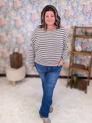 2- Long Sleeve Tops Cindee Boatneck Knit Top in Taupe + Navy Diamond Print plus size clothing