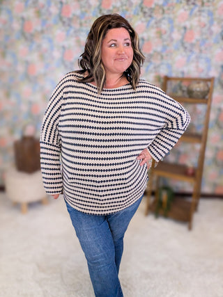 2- Long Sleeve Tops Cindee Boatneck Knit Top in Taupe + Navy Diamond Print plus size clothing