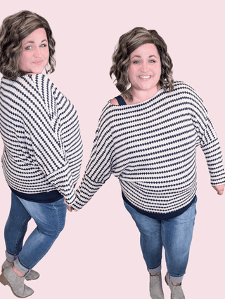 Cindee Diamond Print Boatneck Top in Taupe + Navy-2- Long Sleeve Tops-WHITE BIRCH-Styled by Stacked - A Plus Size Women's Boutique in Lakeville, MN