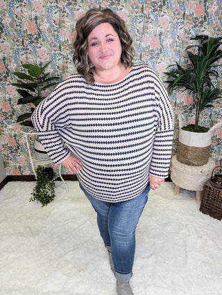 Cindee Diamond Print Boatneck Top in Taupe + Navy-2- Long Sleeve Tops-WHITE BIRCH-Styled by Stacked - A Plus Size Women's Boutique in Lakeville, MN