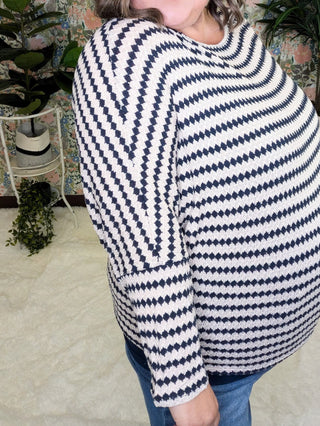 Cindee Diamond Print Boatneck Top in Taupe + Navy-2- Long Sleeve Tops-WHITE BIRCH-Styled by Stacked - A Plus Size Women's Boutique in Lakeville, MN