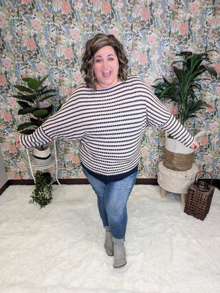 Cindee Diamond Print Boatneck Top in Taupe + Navy-2- Long Sleeve Tops-WHITE BIRCH-Styled by Stacked - A Plus Size Women's Boutique in Lakeville, MN