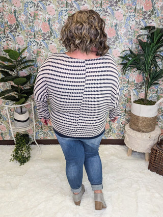 Cindee Diamond Print Boatneck Top in Taupe + Navy-2- Long Sleeve Tops-WHITE BIRCH-Styled by Stacked - A Plus Size Women's Boutique in Lakeville, MN