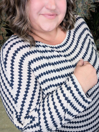 Cindee Diamond Print Boatneck Top in Taupe + Navy-2- Long Sleeve Tops-WHITE BIRCH-Styled by Stacked - A Plus Size Women's Boutique in Lakeville, MN