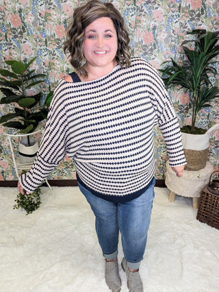 Cindee Diamond Print Boatneck Top in Taupe + Navy-2- Long Sleeve Tops-WHITE BIRCH-Styled by Stacked - A Plus Size Women's Boutique in Lakeville, MN