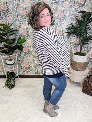 Cindee Diamond Print Boatneck Top in Taupe + Navy-2- Long Sleeve Tops-WHITE BIRCH-Styled by Stacked - A Plus Size Women's Boutique in Lakeville, MN