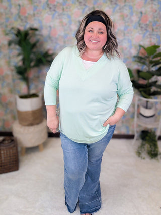Renee 3/4 Sleeve Vneck Tee w/White Inset (4 Colors)-2- Long Sleeve Tops-Emerald Collection-Styled by Stacked - A Plus Size Women's Boutique in Lakeville, MN