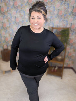 Clarissa Scoop Bottom Active Long Sleeve Top in Black-2- Long Sleeve Tops-WHITE BIRCH-Styled by Stacked - A Plus Size Women's Boutique in Lakeville, MN