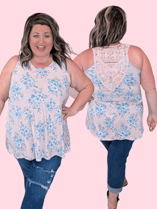 1- ShortSlv/Slvless Tops Claudia Lace Back Floral Tank in Pink + Blue plus size clothing