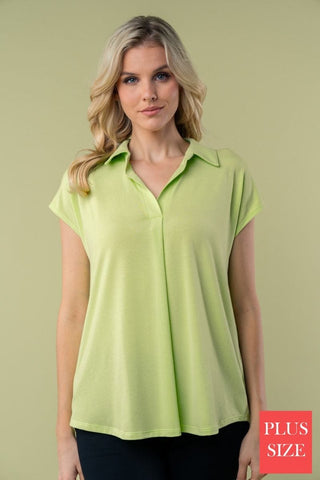 1- ShortSlv/Slvless Tops Cleo Slitneck Collared Short Sleeve Blouse (2 Colors) plus size clothing