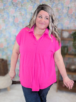 1- ShortSlv/Slvless Tops Cleo Slitneck Collared Short Sleeve Blouse (2 Colors) plus size clothing