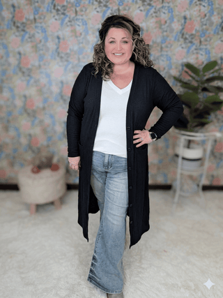 7- Year Round Basic Tops Colbie Ribbed Knit Duster in Black plus size clothing