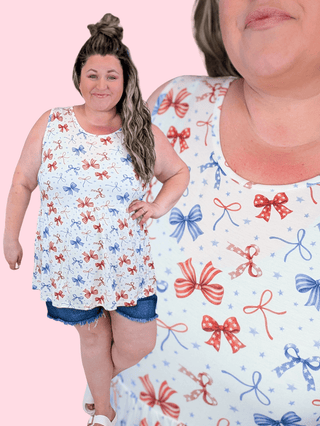 1- ShortSlv/Slvless Tops Cole Babydoll Tank in Patriotic Cutesy Bows plus size clothing