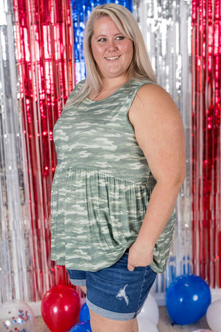Cole Mini Ruffle Scoopneck Tank in Army Camo-1- ShortSlv/Slvless Tops-Michelle Mae-Styled by Stacked - A Plus Size Women's Boutique in Lakeville, MN