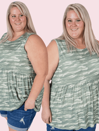 Cole Mini Ruffle Scoopneck Tank in Army Camo-1- ShortSlv/Slvless Tops-Michelle Mae-Styled by Stacked - A Plus Size Women's Boutique in Lakeville, MN
