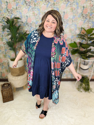 $0 Down Preorder: Ellie Bright Mix Bold Print Kimono on Navy-4- Overlayer Tops-urbanista-Styled by Stacked - A Plus Size Women's Boutique in Lakeville, MN