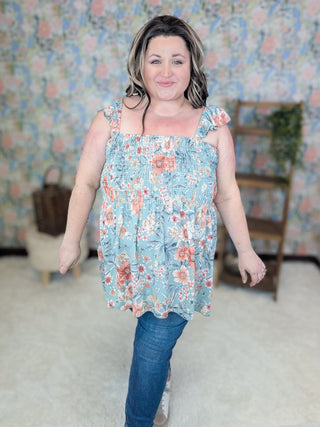 1- ShortSlv/Slvless Tops Conrad Smocked Floral Tank w/Flutter Straps (2 Colors) plus size clothing