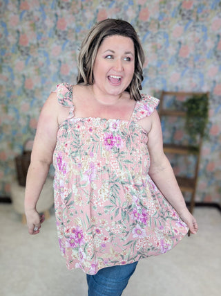 1- ShortSlv/Slvless Tops Conrad Smocked Floral Tank w/Flutter Straps (2 Colors) plus size clothing