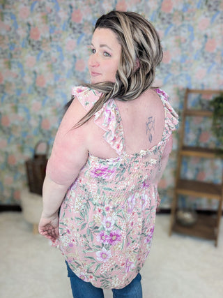 1- ShortSlv/Slvless Tops Conrad Smocked Floral Tank w/Flutter Straps (2 Colors) plus size clothing