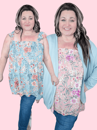 1- ShortSlv/Slvless Tops Conrad Smocked Floral Tank w/Flutter Straps (2 Colors) plus size clothing