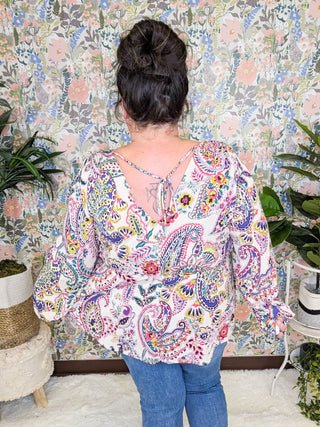 Contessa Double Vee Long Sleeve Top in Bright Paisley-2- Long Sleeve Tops-WHITE BIRCH-Styled by Stacked - A Plus Size Women's Boutique in Lakeville, MN