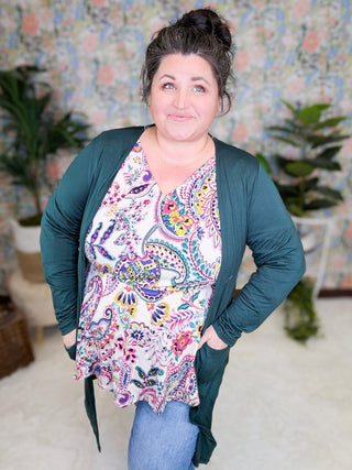 Contessa Double Vee Long Sleeve Top in Bright Paisley-2- Long Sleeve Tops-WHITE BIRCH-Styled by Stacked - A Plus Size Women's Boutique in Lakeville, MN