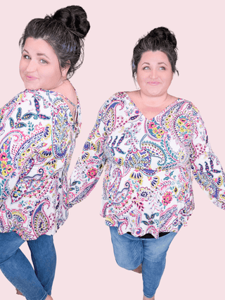 Contessa Double Vee Long Sleeve Top in Bright Paisley-2- Long Sleeve Tops-WHITE BIRCH-Styled by Stacked - A Plus Size Women's Boutique in Lakeville, MN