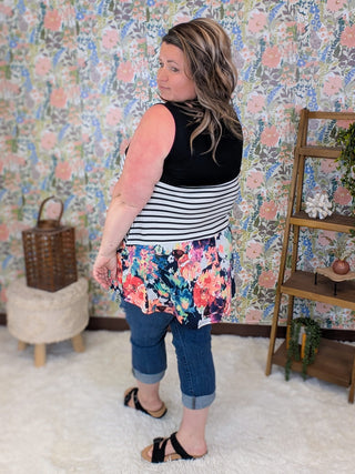 1- ShortSlv/Slvless Tops Coralyn Floral, Stripe & Black Blocked Tank plus size clothing
