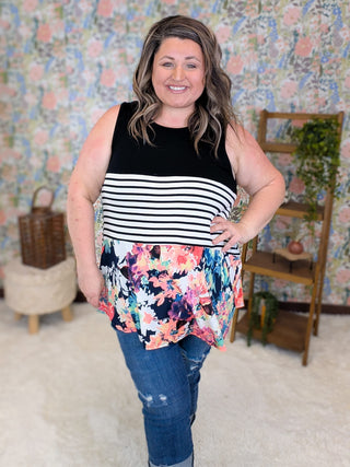 1- ShortSlv/Slvless Tops Coralyn Floral, Stripe & Black Blocked Tank plus size clothing