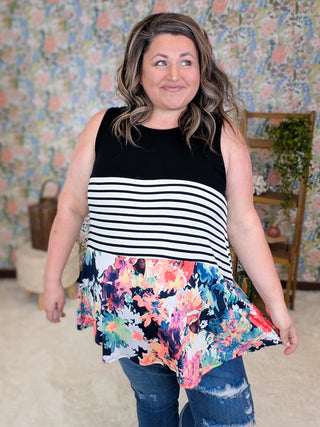 1- ShortSlv/Slvless Tops Coralyn Floral, Stripe & Black Blocked Tank plus size clothing