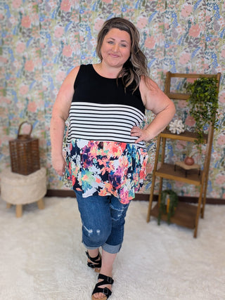 1- ShortSlv/Slvless Tops Coralyn Floral, Stripe & Black Blocked Tank plus size clothing