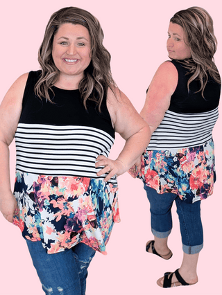 1- ShortSlv/Slvless Tops Coralyn Floral, Stripe & Black Blocked Tank plus size clothing