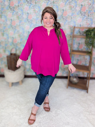 2- Long Sleeve Tops Corbin 3/4 Sleeve Slitneck Top in Solids (3 Colors) plus size clothing