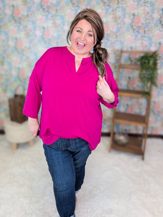 2- Long Sleeve Tops Corbin 3/4 Sleeve Slitneck Top in Solids (3 Colors) plus size clothing