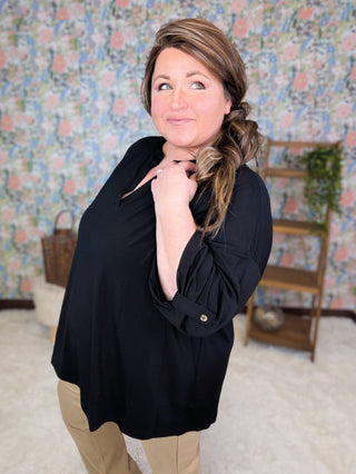 2- Long Sleeve Tops Corbin 3/4 Sleeve Slitneck Top in Solids (3 Colors) plus size clothing