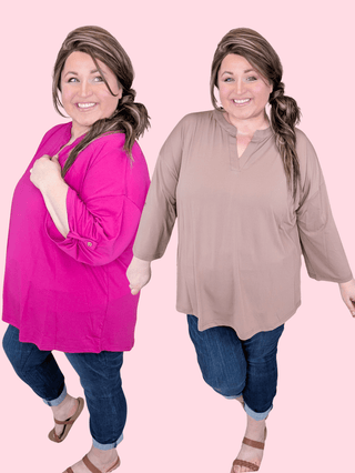 2- Long Sleeve Tops Corbin 3/4 Sleeve Slitneck Top in Solids (3 Colors) plus size clothing