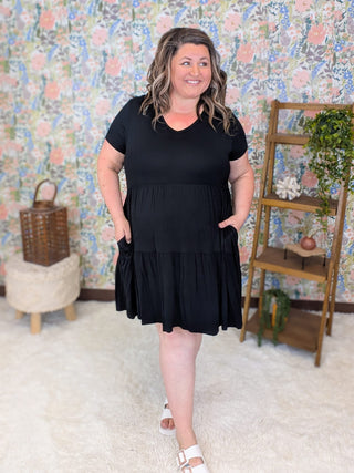 11- Dress/Romp/Jump Corie Short Sleeve Tiered Dress in Black plus size clothing