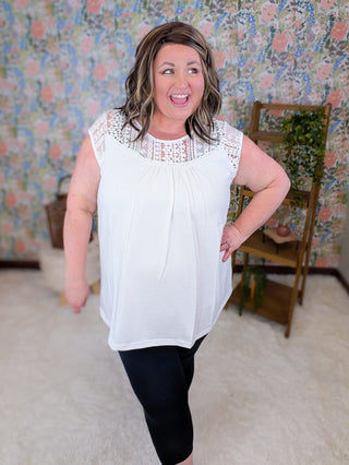 1- ShortSlv/Slvless Tops Corinne Short Sleeve Top w/Crochet Lace in Ivory plus size clothing