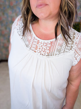 1- ShortSlv/Slvless Tops Corinne Short Sleeve Top w/Crochet Lace in Ivory plus size clothing