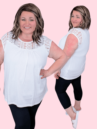 1- ShortSlv/Slvless Tops Corinne Short Sleeve Top w/Crochet Lace in Ivory plus size clothing