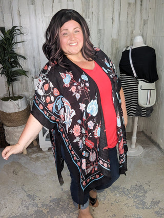 Cosette Colorful Floral Kimono on Black-4- Overlayer Tops-urbanista-Styled by Stacked - A Plus Size Women's Boutique in Lakeville, MN