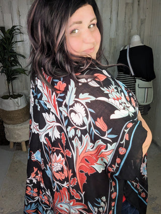 Cosette Colorful Floral Kimono on Black-4- Overlayer Tops-urbanista-Styled by Stacked - A Plus Size Women's Boutique in Lakeville, MN