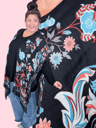 4- Overlayer Tops Cosette Floral + Paisley Kimono on Black plus size clothing