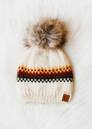 ***Cream, Mustard, Rust & Olive Patterned Pom Hat-12- Accessories & Gifts-Panache Apparel Co.-Styled by Stacked - A Plus Size Women's Boutique in Lakeville, MN